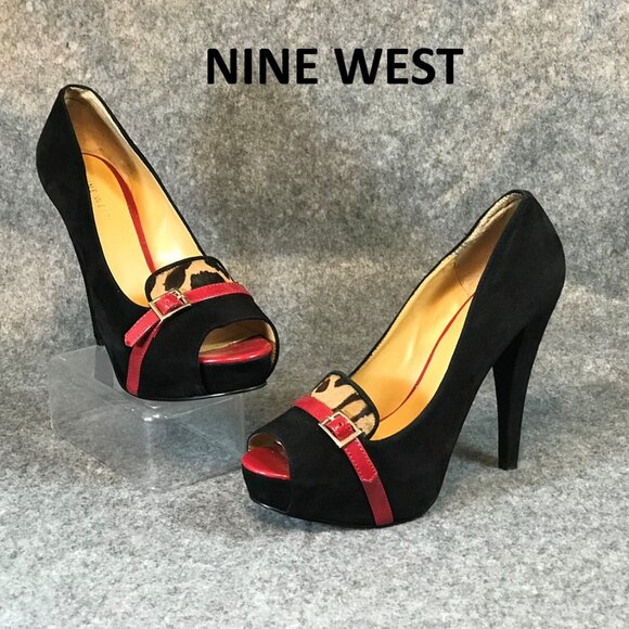 Nine West Women's Black Leather Front Red Strap Leopard Open Toe Heel Shoes - Picture 1 of 12